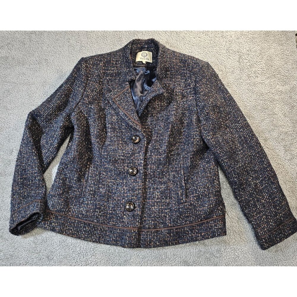 Viyella Women's Grey Speckled Wool Blend Button-Down Jacket Blazer, Size 18